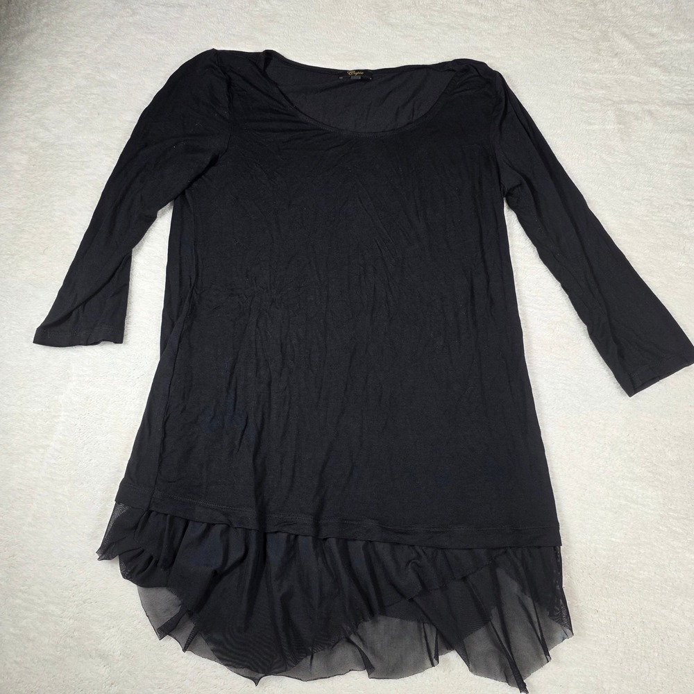 Cupio Tunic‎ Top Womens Large Black  Mesh Ruffle Hem 3/4 Sleeve Scoop Neck